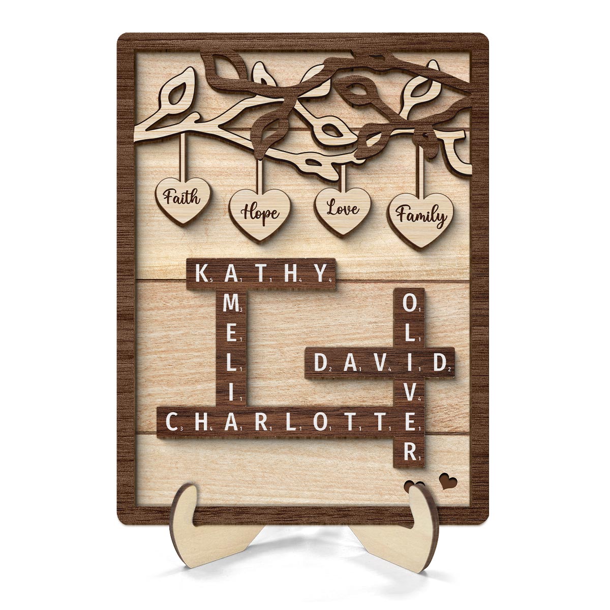 Personalized Wooden Family Tree Sign, Crossword Art Puzzle 2-Layered Wooden Plaque