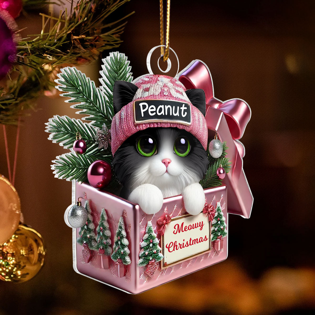 Cute Cat Inside Gift Box Personalized 2D Flat Acrylic Ornament, Christmas Gift for Cat Lovers