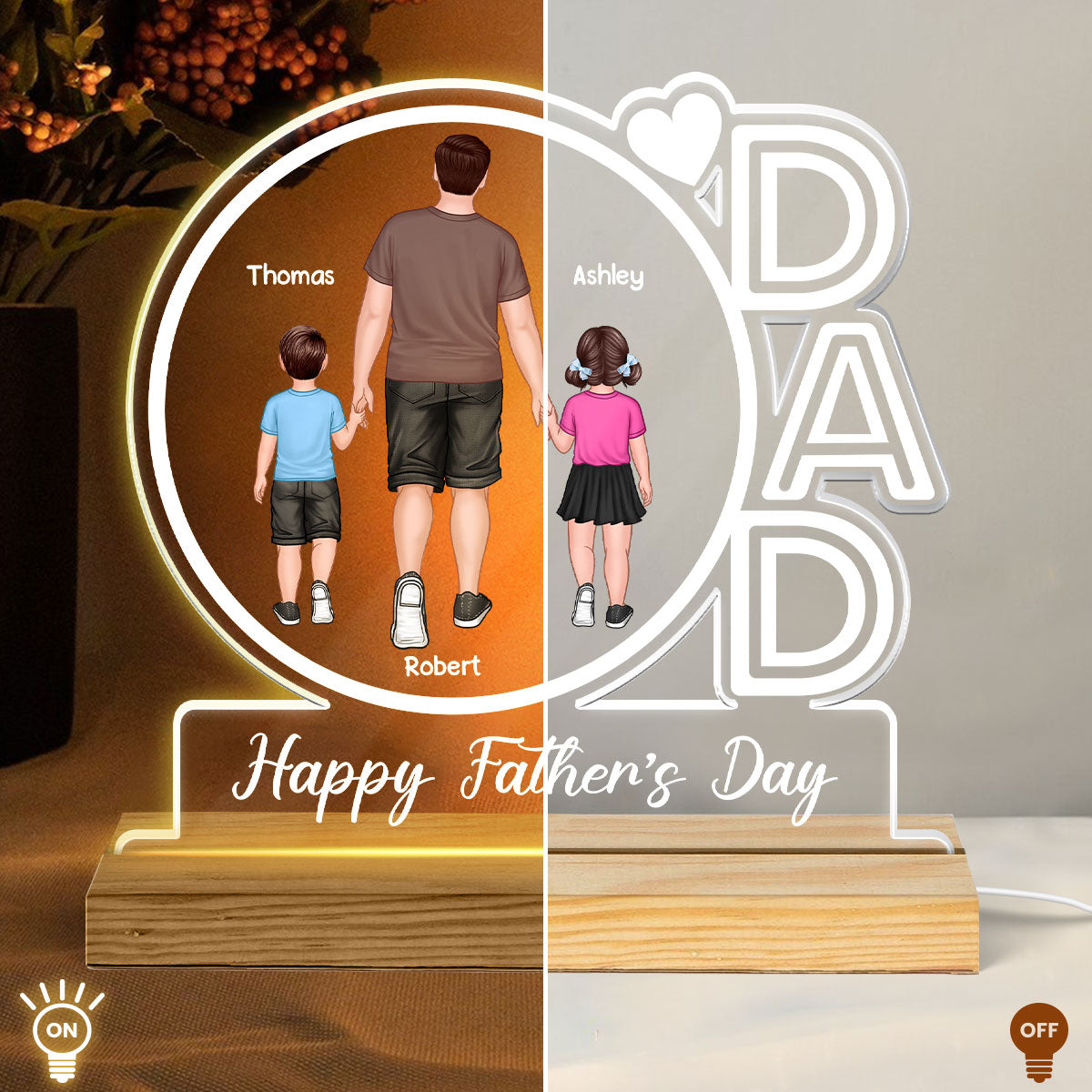 Dad We Love You Happy Father‘s Day Back View Walking Dad & Kids - Personalized Acrylic LED Night Light