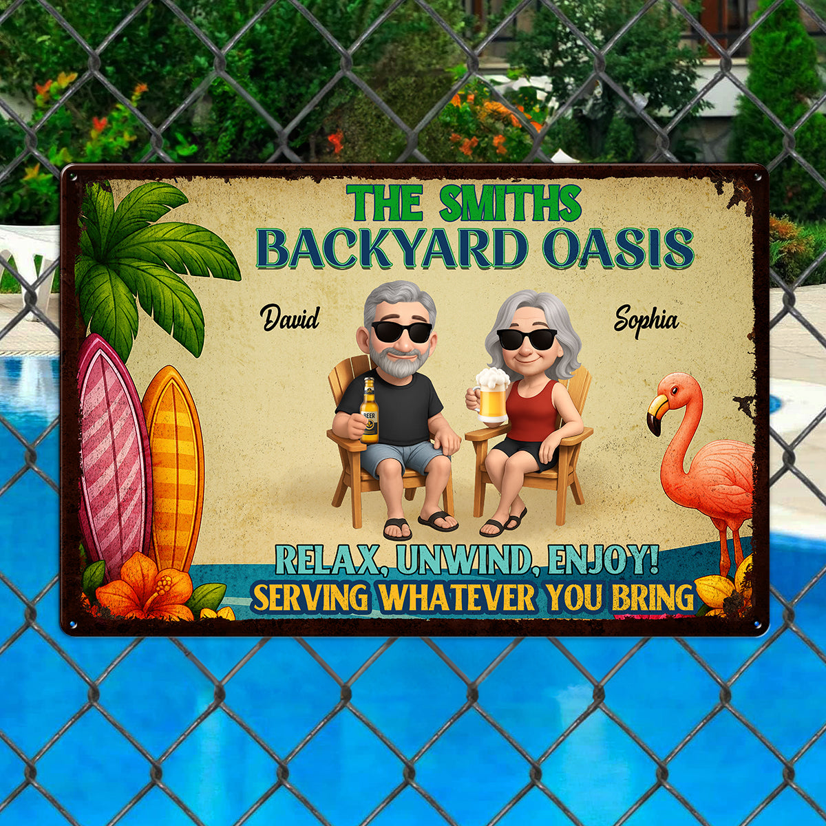 Backyard Oasis Serving Whatever You Bring, Personalized Metal Sign, Patio Decor, Pool Sign, Tiki Bar