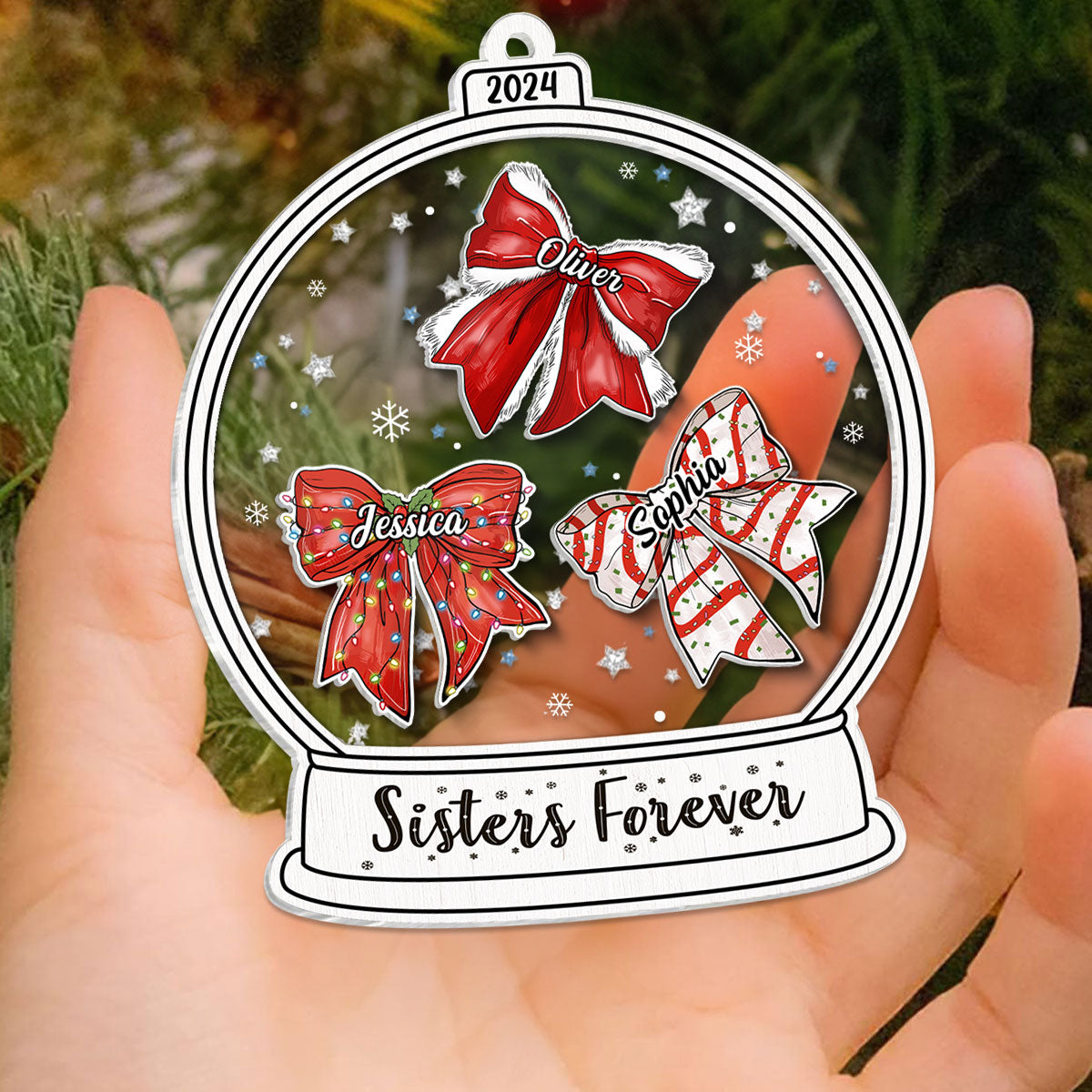 Besties Sisters Christmas Bow Personalized Shaker Ornament, Christmas Gift for Besties Sisters