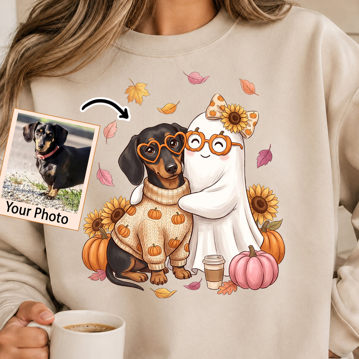 Cute Fall Dog Cat Hugging Ghost - Personalized Shirt - Trendy Fall Tee for Pet Lovers, Dog Mom, Cat Mom