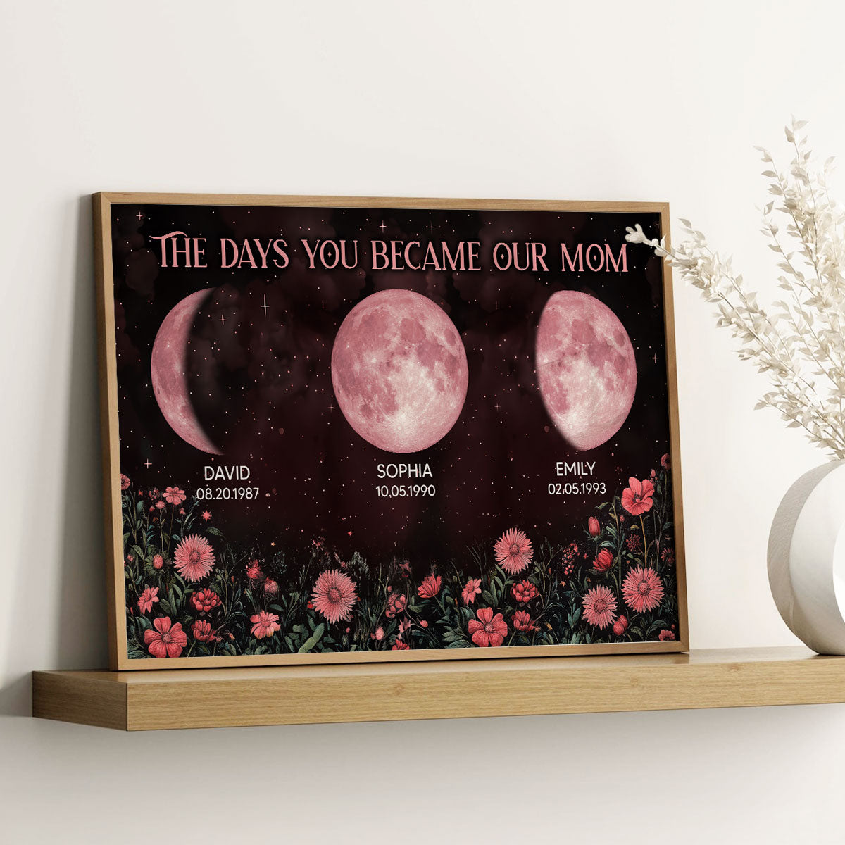 Vintage Flowers The Days You Became Our Mom Pink Birthday Moon Phase Personalized Poster
