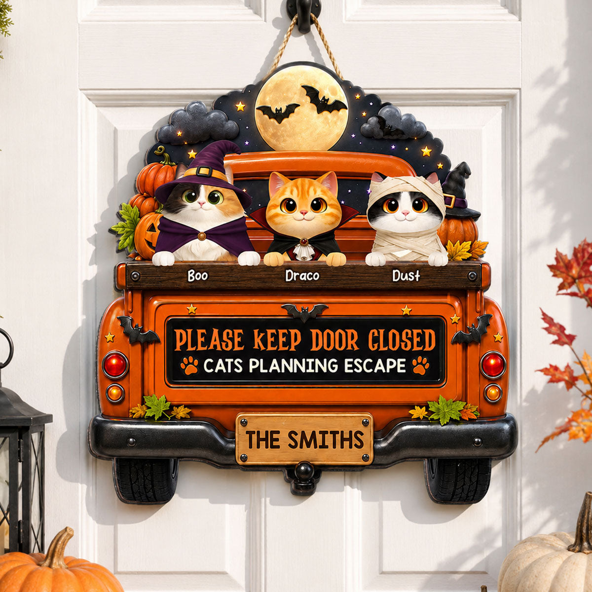 Cute Cat Keep Door Closed - Personalized Wood Sign - Halloween Gift For Cat Lovers, Halloween Decor