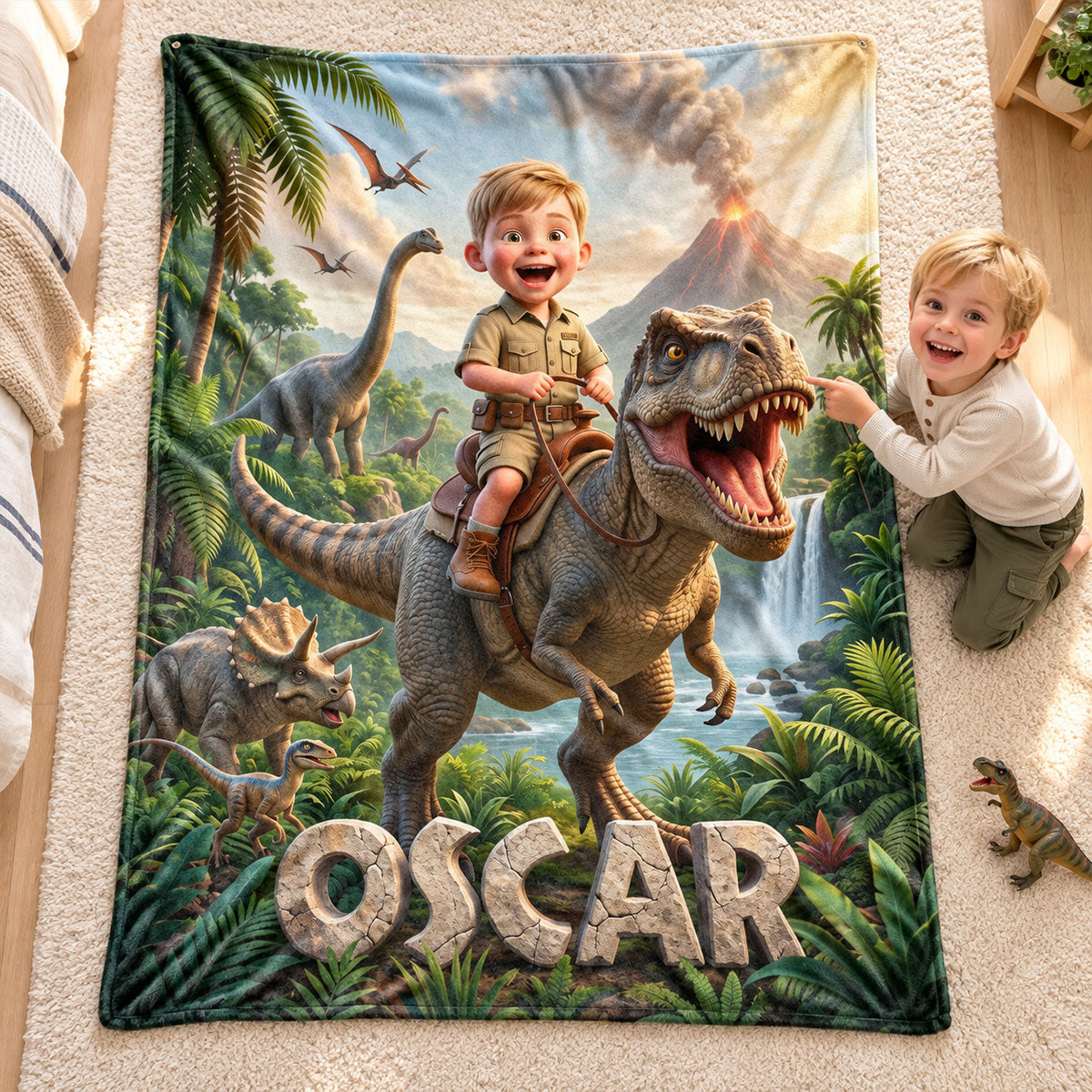 Kid Riding Dinosaur Custom Portrait from Photo - Personalized Fleece Blanket - Christmas Gift for Son, Daughter, Grandkids