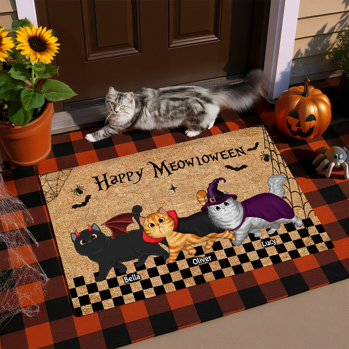 Spooky Season Happy Meowloween Spooky Walking Cats Personalized Doormat, Halloween Decor