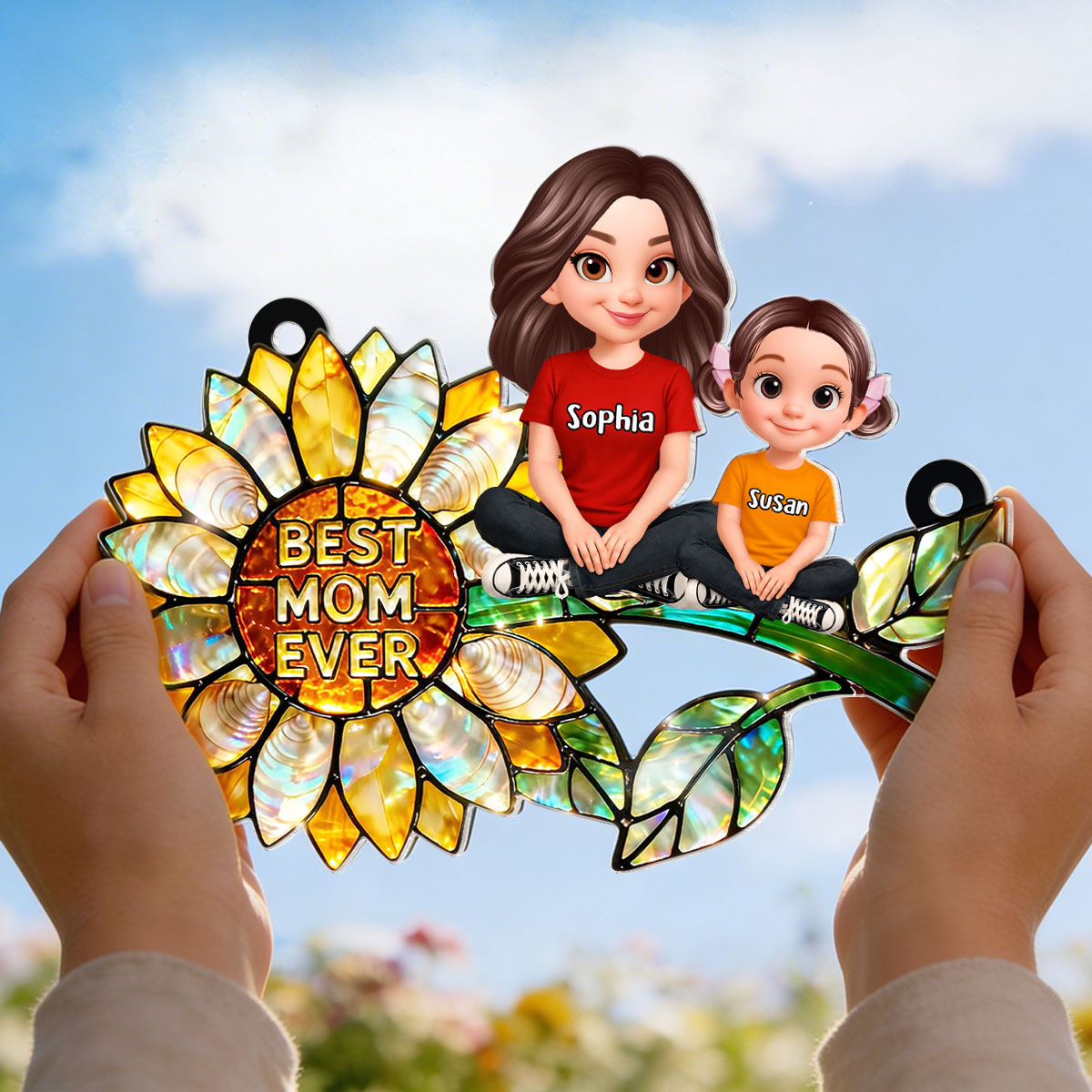 Sunflower Mom and Kids Sitting - Personalized Window Hanging Suncatcher - Mother's Day Gift for Mom, Wife