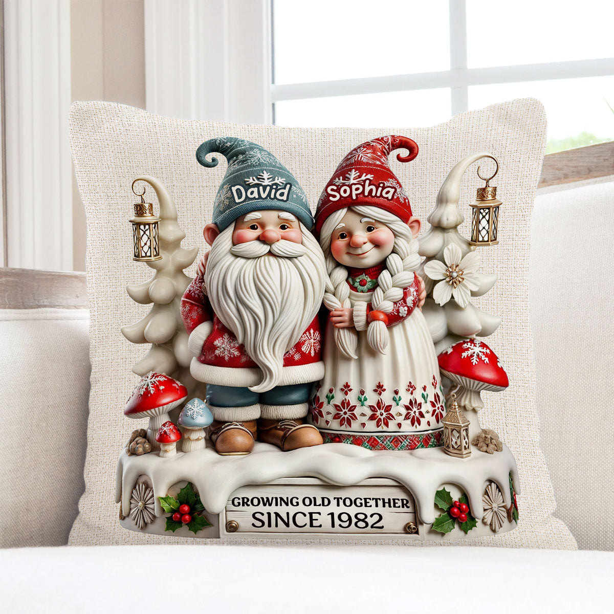3D Effect Gnome Couple Together Personalized Pillow, Heartfelt  Gift For Couple, For Him, For Her, Husband, Wife