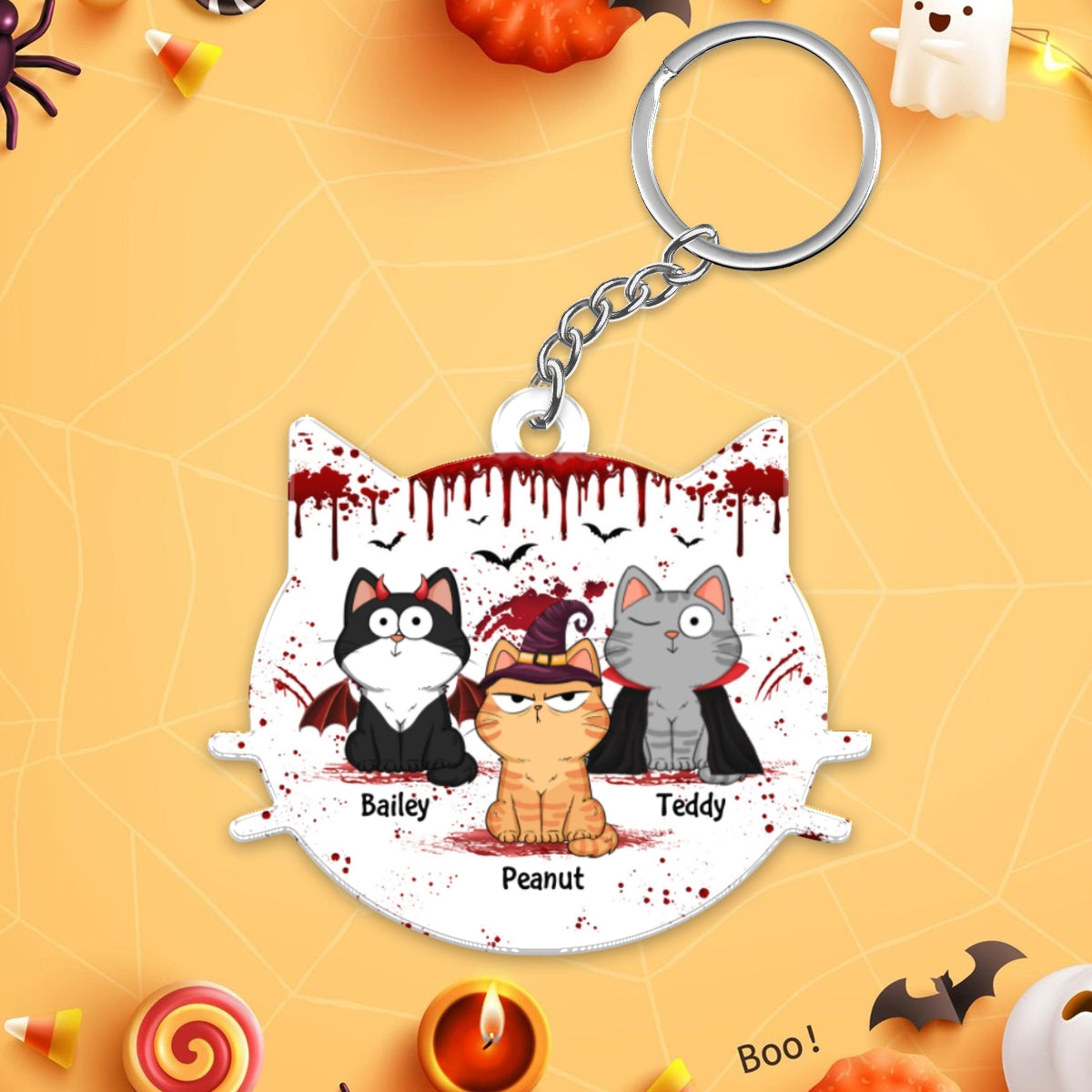 Cat Face Shape Happy Meowloween Fluffy Funny Cats Expressions Personalized Acrylic Keychain