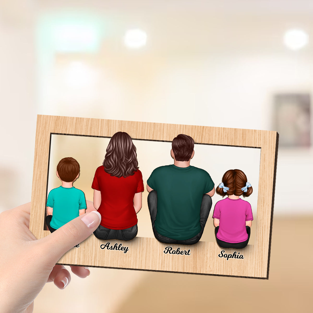 Family Sitting Back View Frame Personalized 2-Layer Wooden Plaque