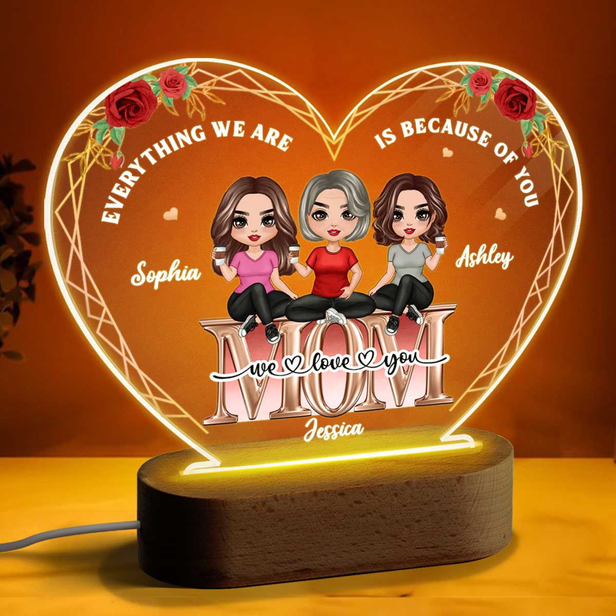 Mom We Love You Rose Outline Personalized LED Night Light Acrylic LED Lamp, Mother‘s Day Gift For Mom