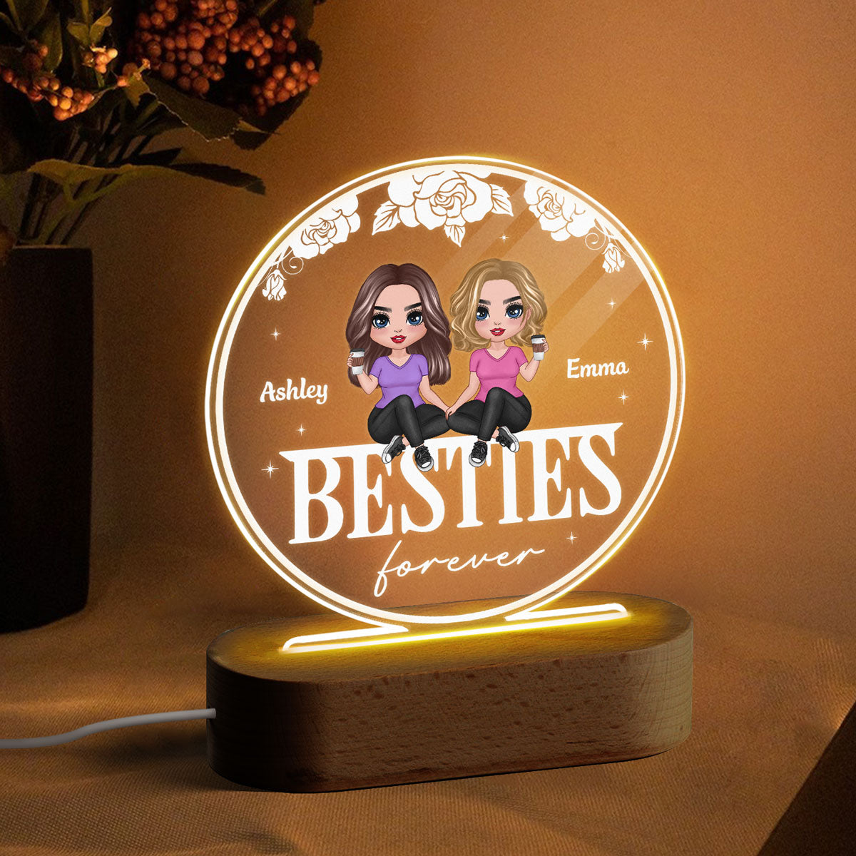 Doll Besties Sisters Sitting On Word Personalized Circle Acrylic Plaque LED Lamp Night Light