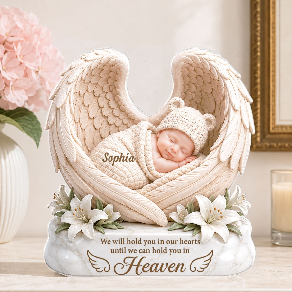 We Will Hold you in Our Hearts - Personalized Acrylic Block Plaque - Custom Infant Loss Gift, Miscarriage Baby Awareness Keepsake