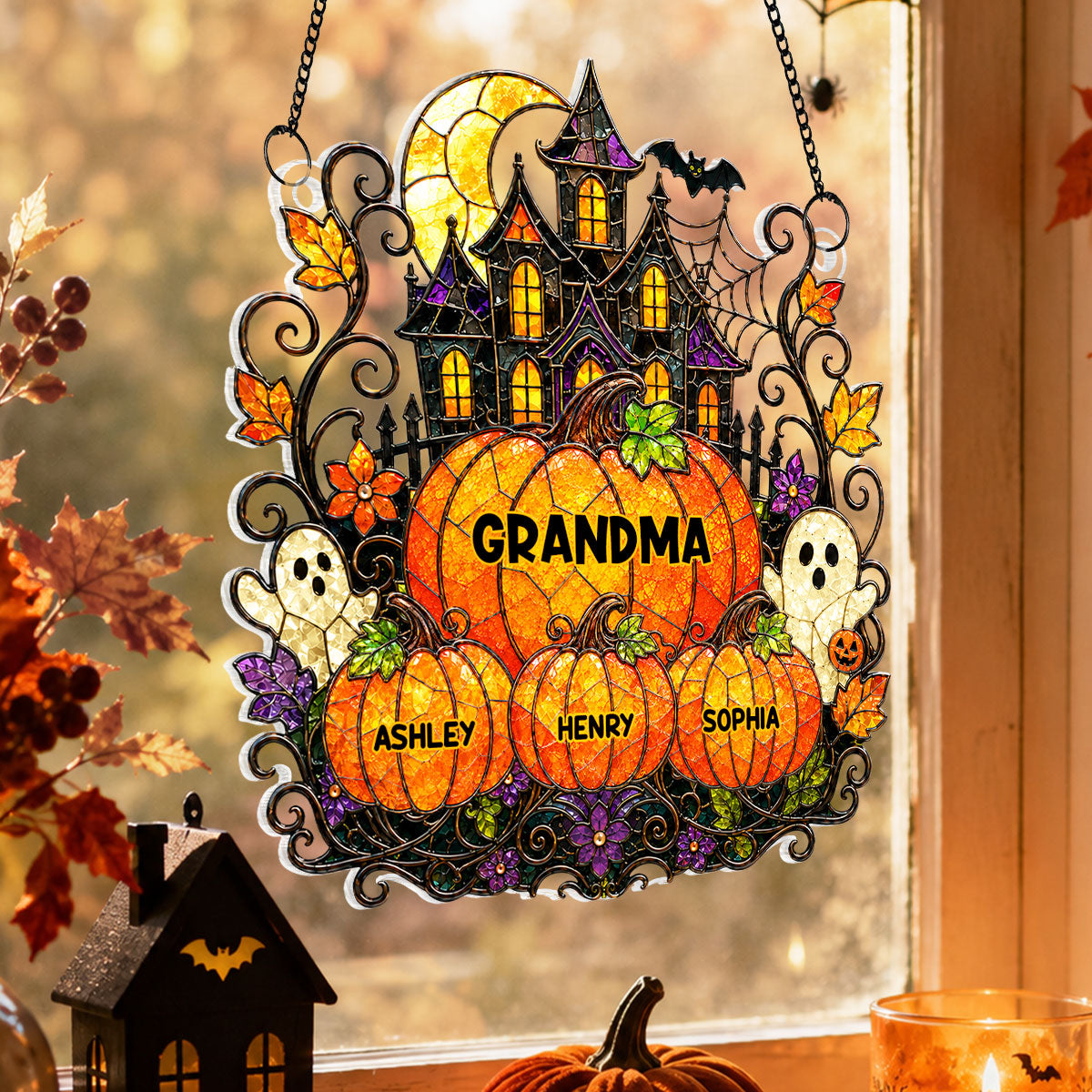 Whimsical Halloween Grandma's Little Pumpkins Haunted House - Personalized Acrylic Window Hanging - Halloween Decoration For Grandma