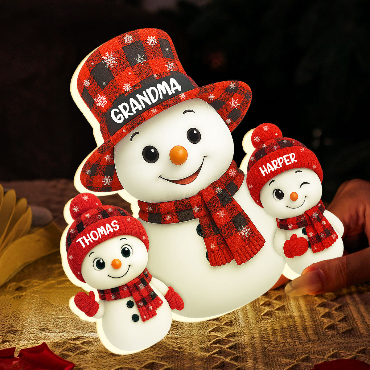 Christmas Checkered Pattern Grandma Grandkids Snowman Together - Personalized Light Box - Gift For Grandmas