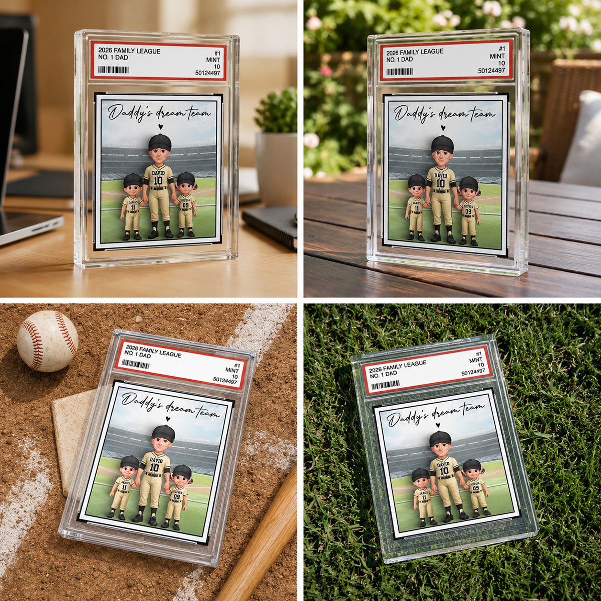 Baseball No. 1 Dad Man & Kids Standing On Court Trading Card Style - Personalized Acrylic Block Plaque - Father's Day Gift For Baseball Dad