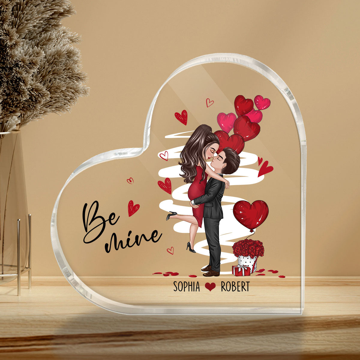 Be Mine Doll Couple Kissing Personalized Heart Shaped Acrylic Plaque - Gift For Him Gift For Her