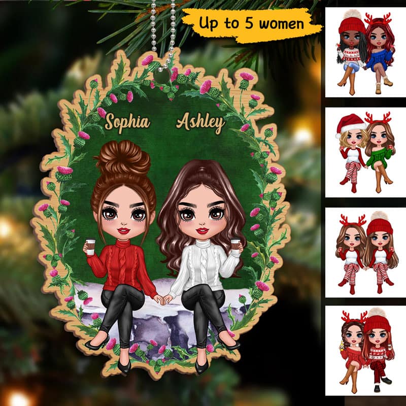 Doll Girls Besties Sisters Sitting On Flower Rock Personalized Wooden Ornament
