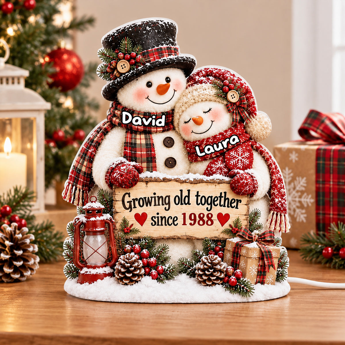 Snowman Couple Hugging Growing Old Together - Personalized Light Box - Heartfelt Christmas Gift for Her, for Him