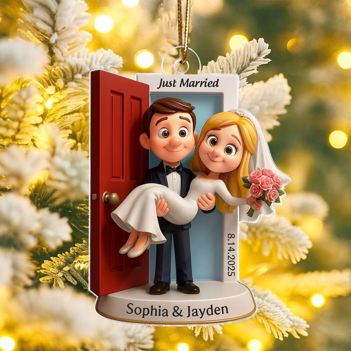 Personalized Our First Christmas Married Ornament | Customized Wedding Couple Threshold, Groom Carrying Bride | Just Married Newlyweds Marriage Keepsake