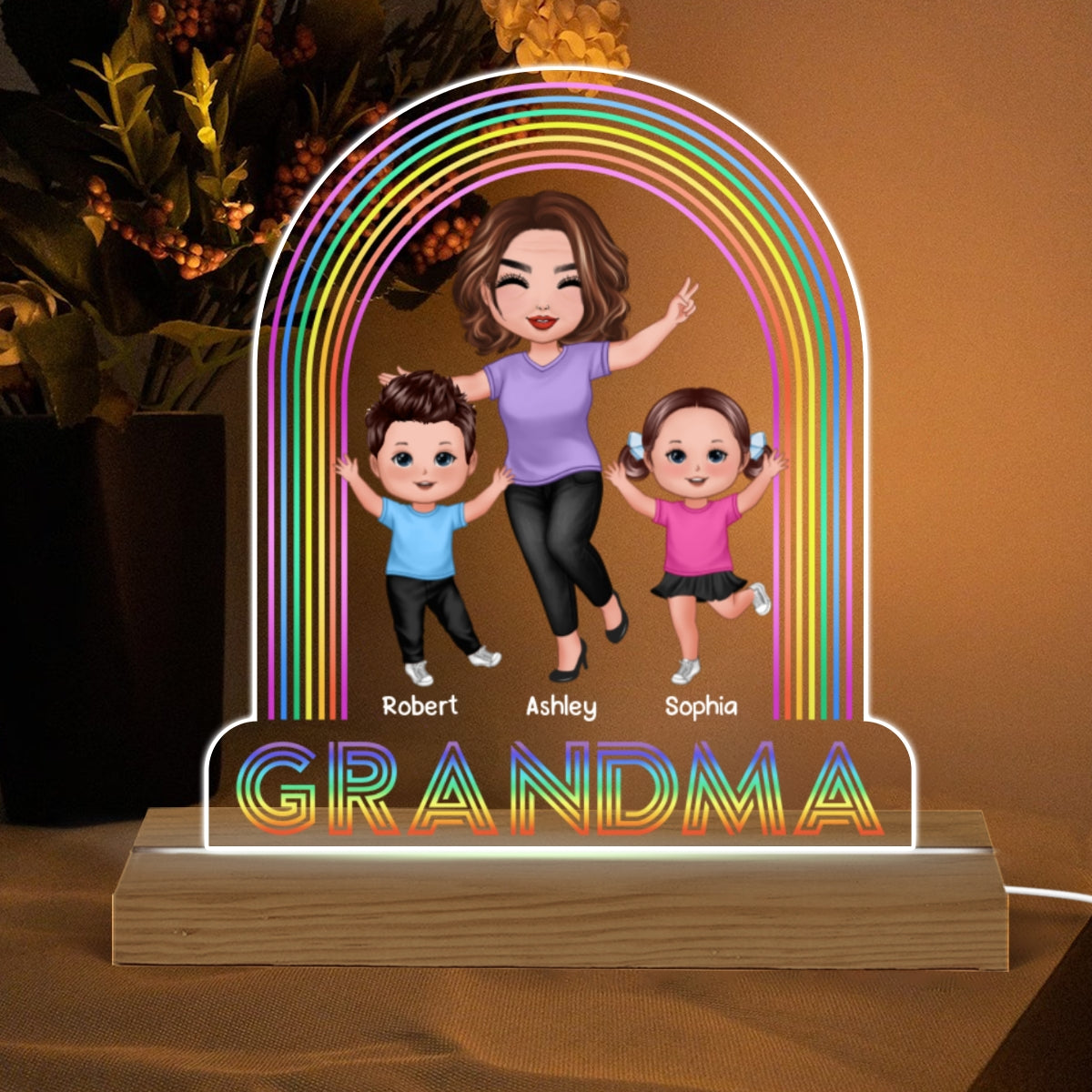 Happy Doll Grandma Grandkids Under Rainbow Personalized Custom Shaped Acrylic Plaque With Warm LED Night Light