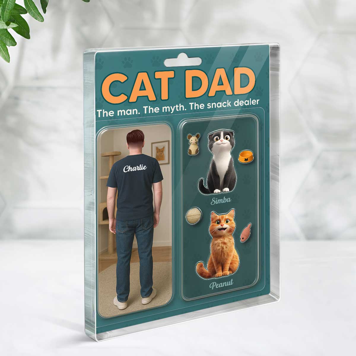 Cat Dad Realistic Figures Style Personalized Acrylic Block Plaque, Father's Day Gift for Cat Lover
