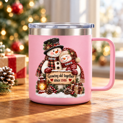 Snowman Couple Hugging Growing Old Together - Personalized Stainless Steel Tumbler With Handle - Heartfelt Christmas Gift for Her, for Him