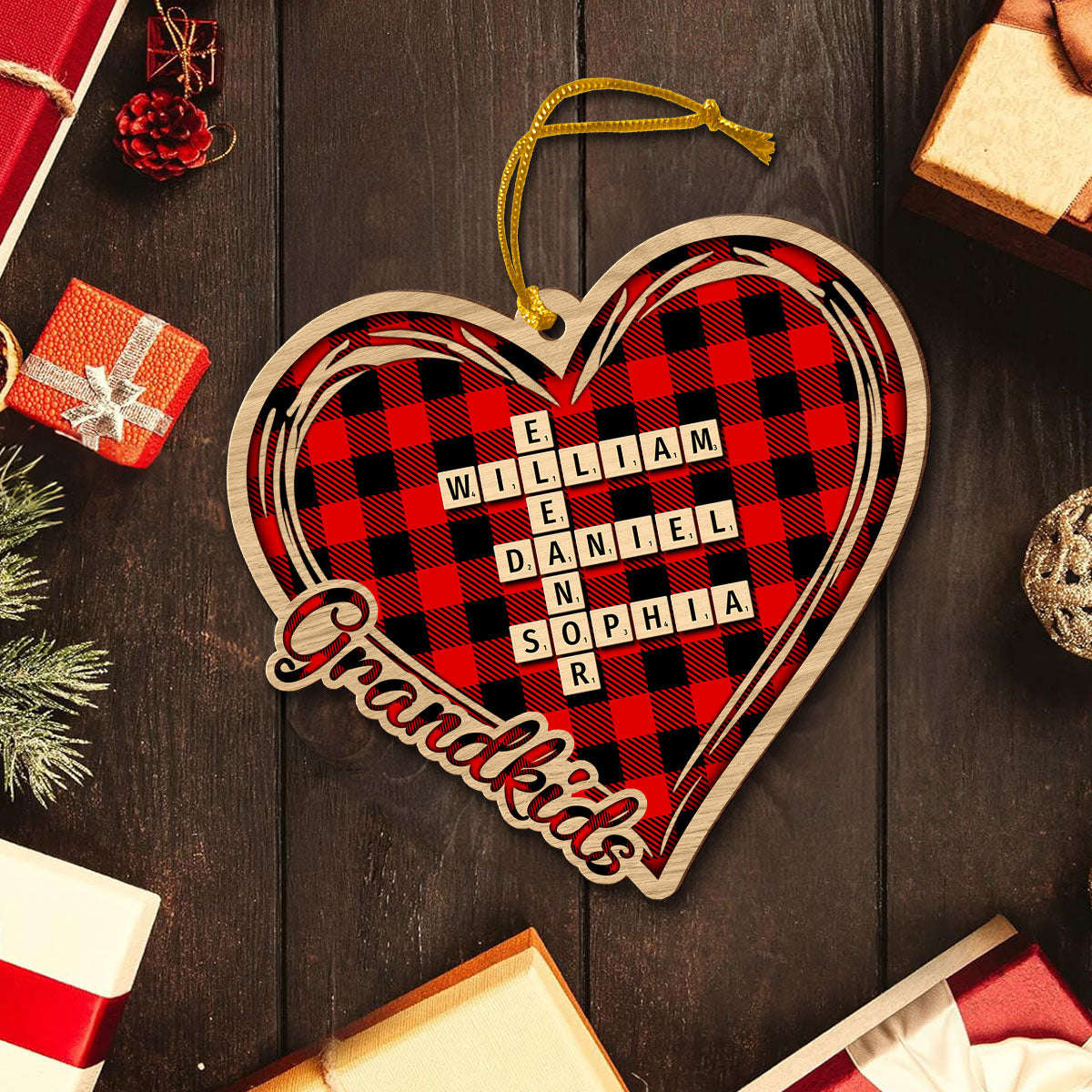 Checkered Heart Crossword Puzzle Art Personalized Wooden Ornament, Christmas Gift for Grandkids, Granddaughter Grandson, Gift for Grandma