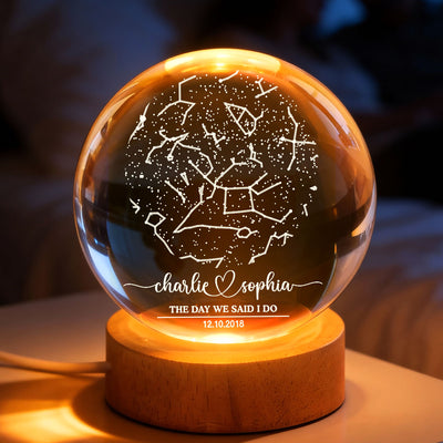 Custom Couple Star Map by Date Constellation - Personalized Crystal Ball Night Light - Heartfelt Anniversary Gift, Valentine's Day Gift for Her, for Him