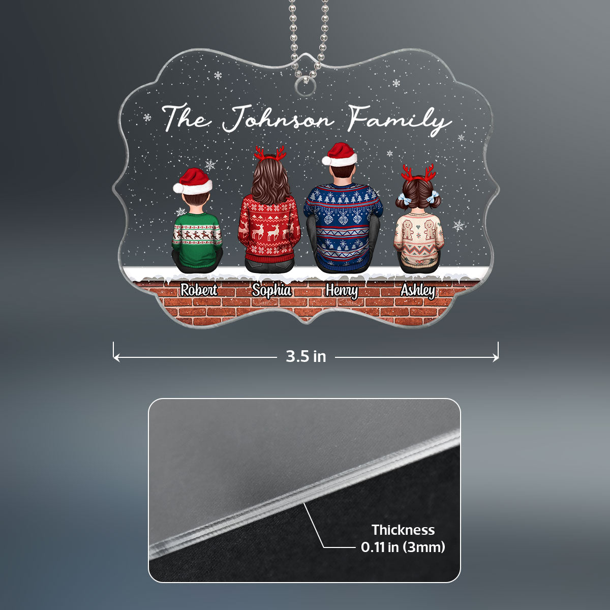 Family Back View Sitting On Brick Wall In Snow Personalized Acrylic Ornament