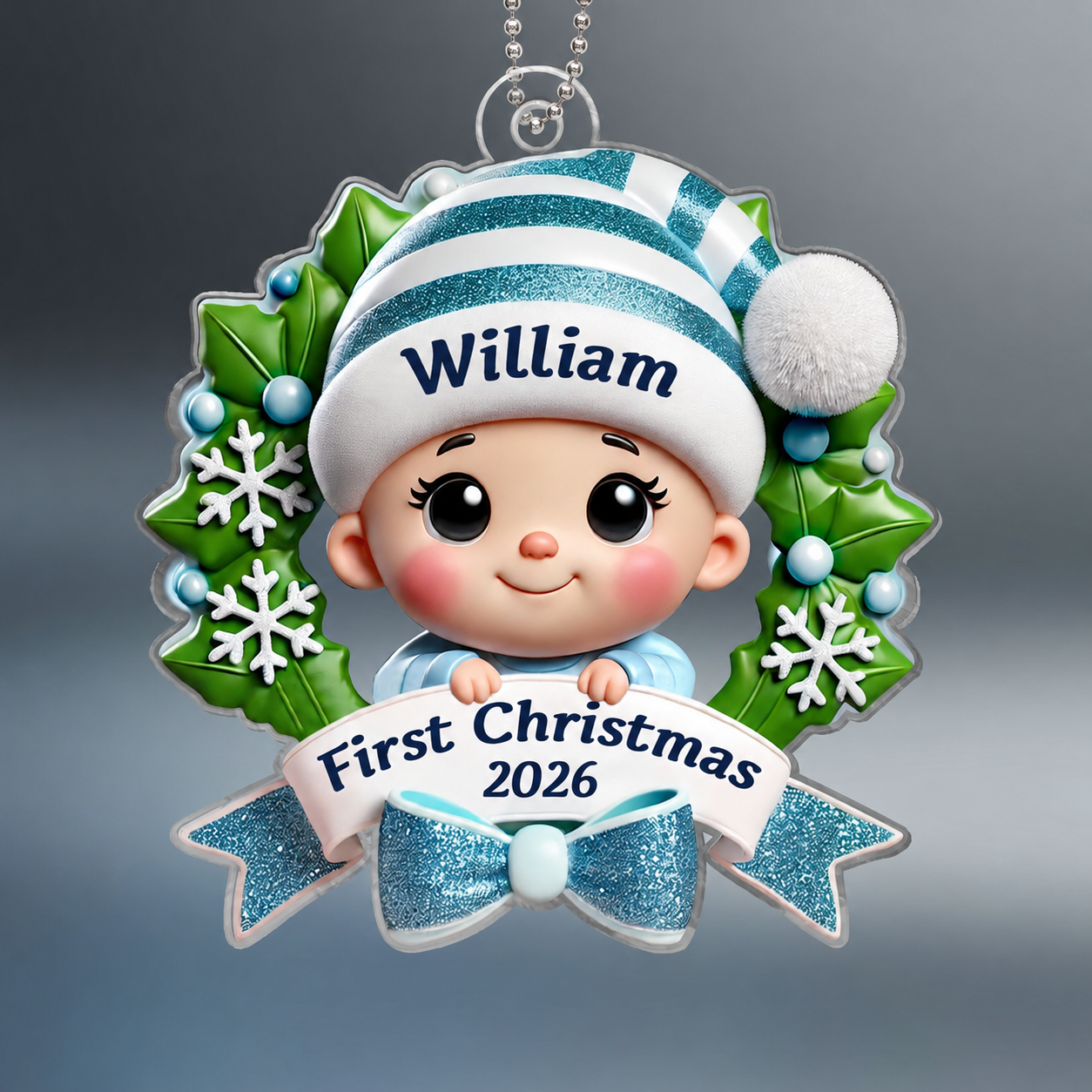 Baby's First Christmas Personalized Custom Shaped Acrylic Ornament, Baby In Christmas Wreath, Christmas in July