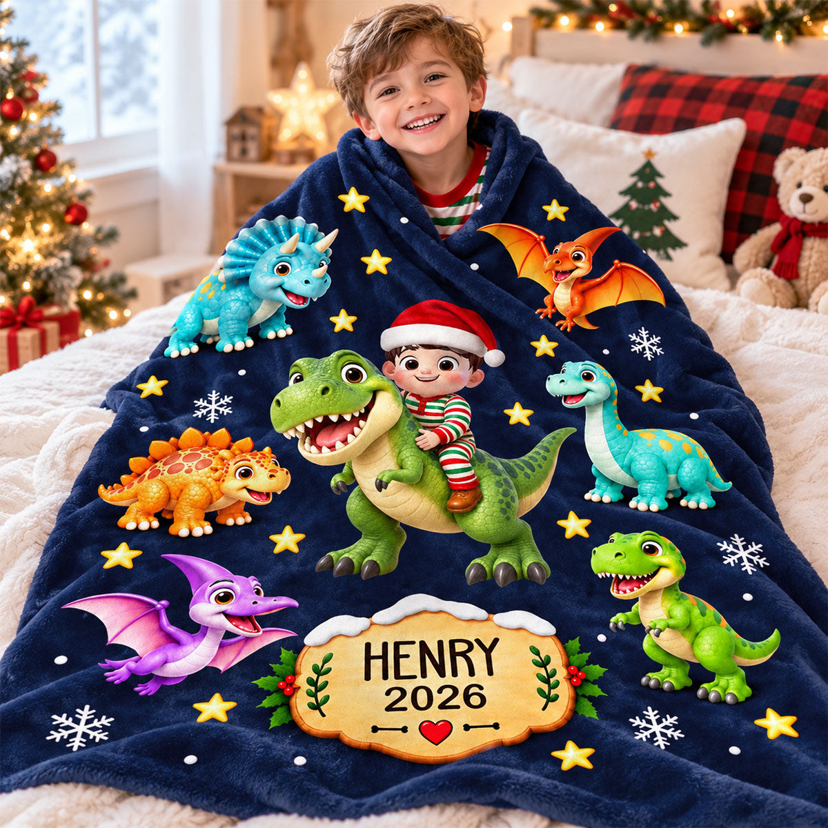 Trending Dinosaur for Boys and Girls - Personalized Fleece Blanket - Christmas Gift For Kids Grandkids