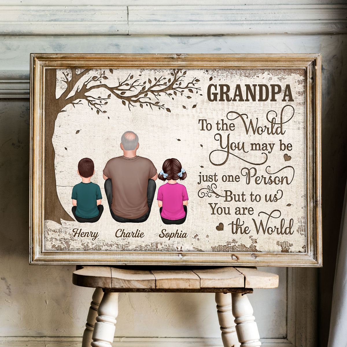Grandpa And Kids Dogs Cats Sitting Under Tree Personalized Poster, Gift For Grandpa