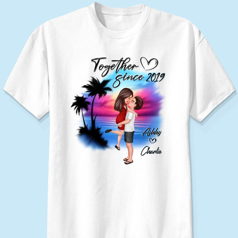 Couple Hugging Kissing Airbrushed Beach Scene Personalized Shirt