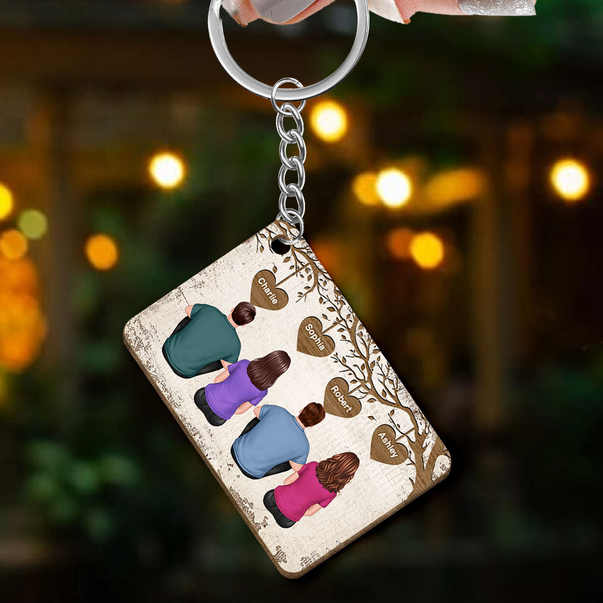 Family Grandma Grandpa Dad Mom Kids Dogs Cats Sitting Under Tree Personalized Wooden Keychain