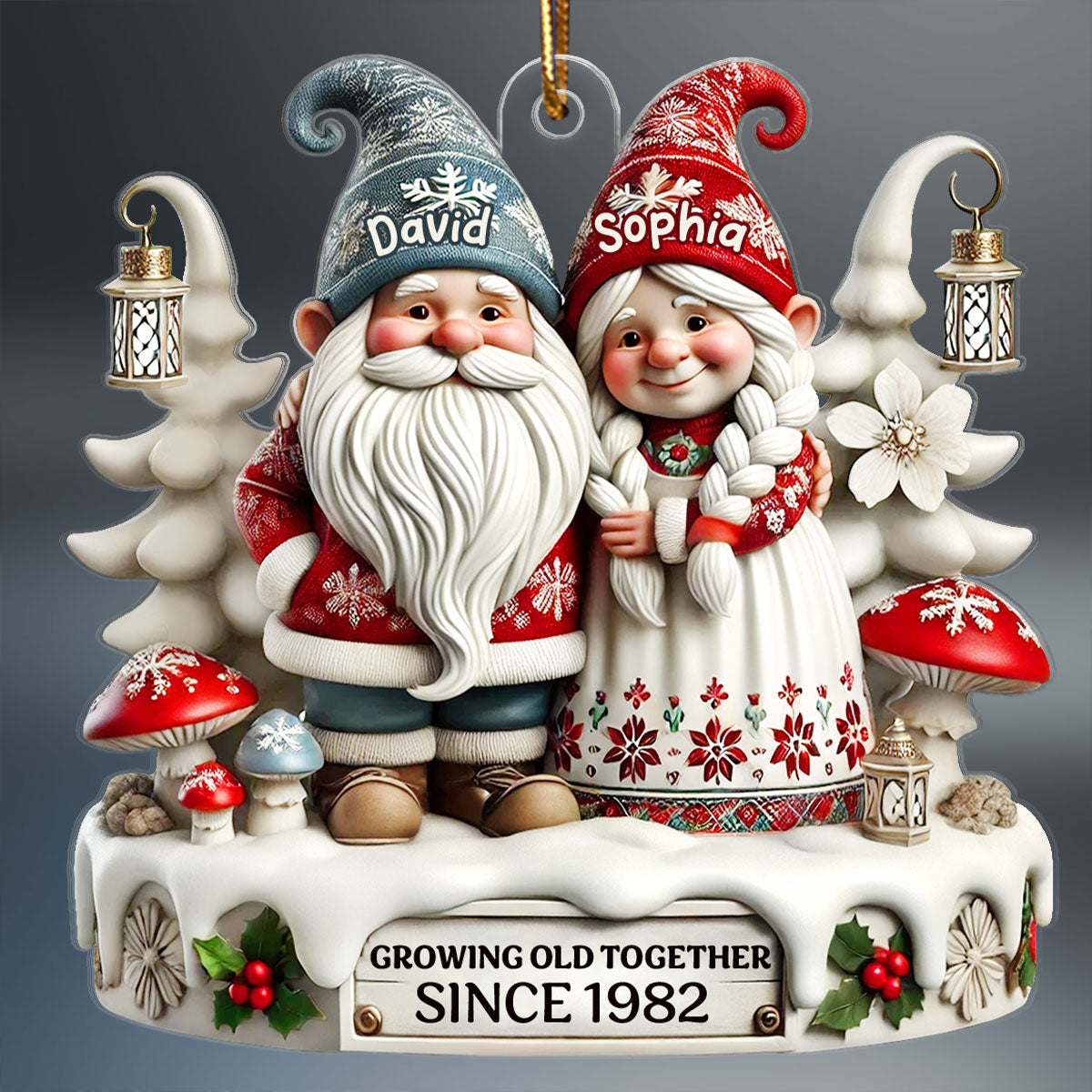 3D Effect Gnome Couple Together Personalized Acrylic Car Hanger Ornament, Valentine's Gift For Couple, For Him, For Her, Husband, Wife