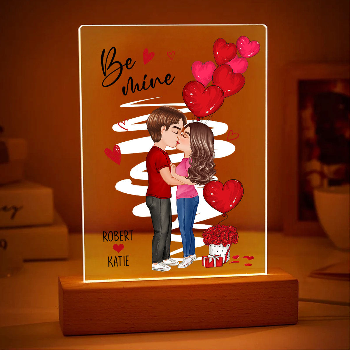 Be Mine Doll Couple Standing Kissing Personalized Plaque LED Night Light -  Unique Valentine's Day Gift For Him, Gift For Her