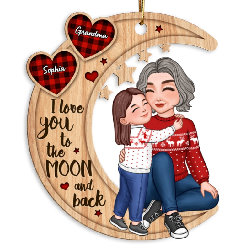 Checkered Pattern Heart Cute Grandkid Hugging Sitting Grandma On Moon Personalized Wooden Ornament