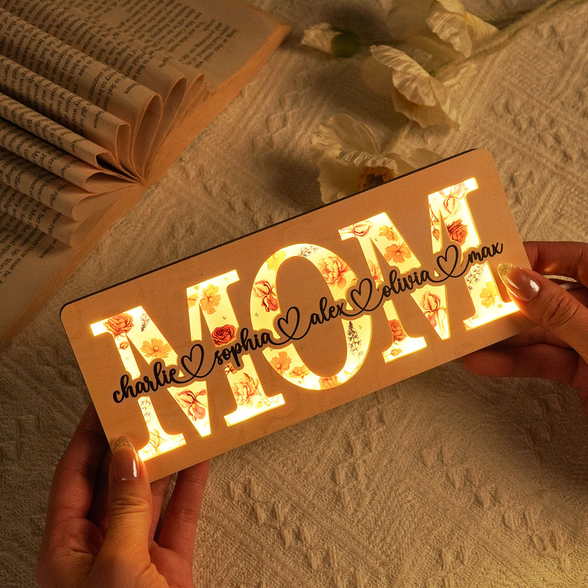 Personalized Mom Birth Month Flowers, Gift for Mom, Mom 2-Layer Wooden Plaque With LED, Mom Gifts from Kids