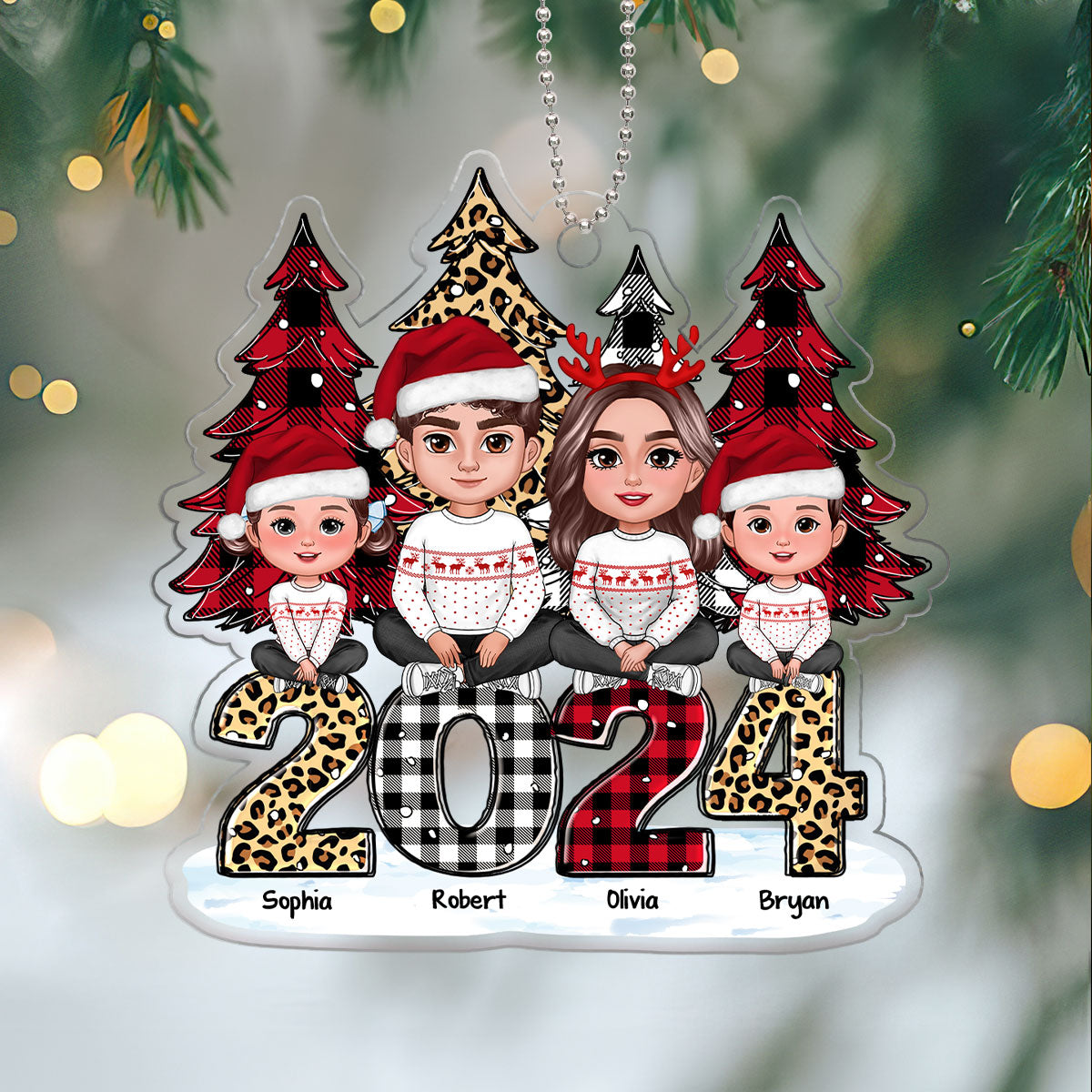 Leopard Checkered Pattern Christmas 2024 Tree Family Personalized Acrylic Ornament