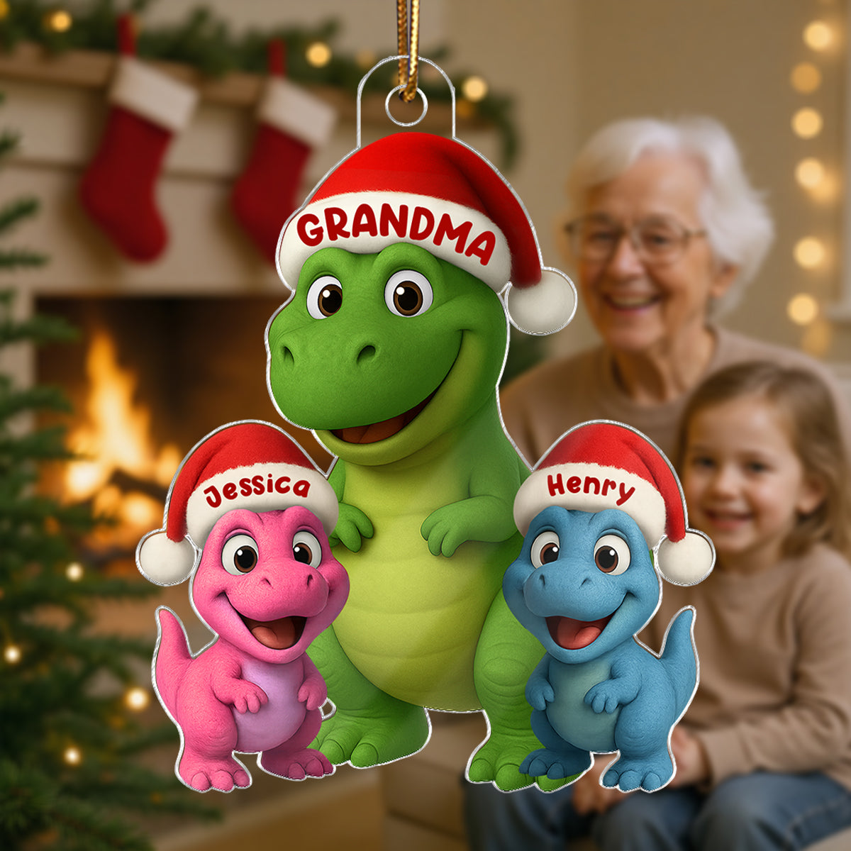 3D Effect Cute Christmas Dinosaur Grandmasaurus And Grandkids - Personalized Acrylic Ornament - Gift For Grandkids, Grandmas
