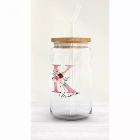 Beautiful Floral Initial Name Mother‘s Day Birthday Gift For Grandma Mom Women Personalized Clear Glass Can