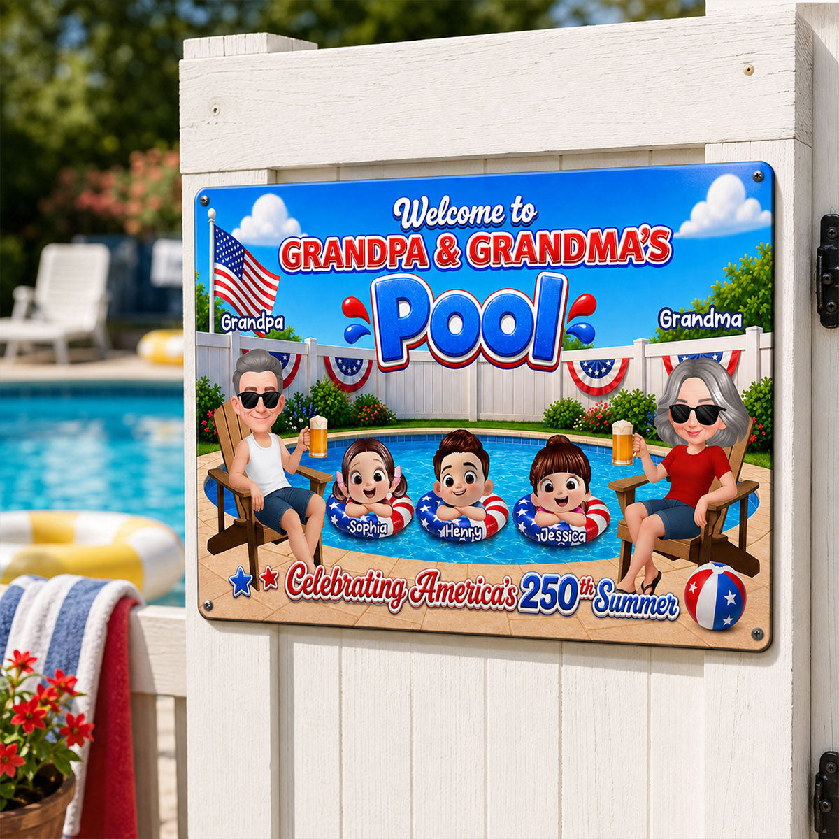 Welcome To Grandma Grandpa Pool America 250th Anniversary - Personalized Metal Sign - Gift For Grandparents, Summer Decoration