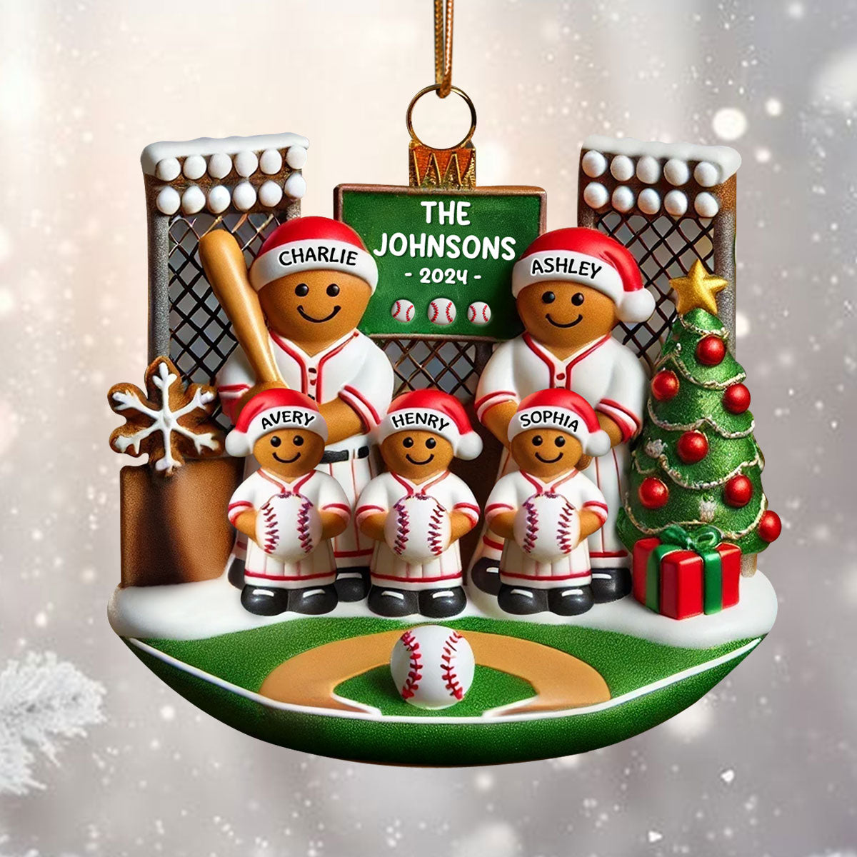 3D Effect Baseball Gingerbread Family On Field Sport Lover - Personalized Acrylic Ornament