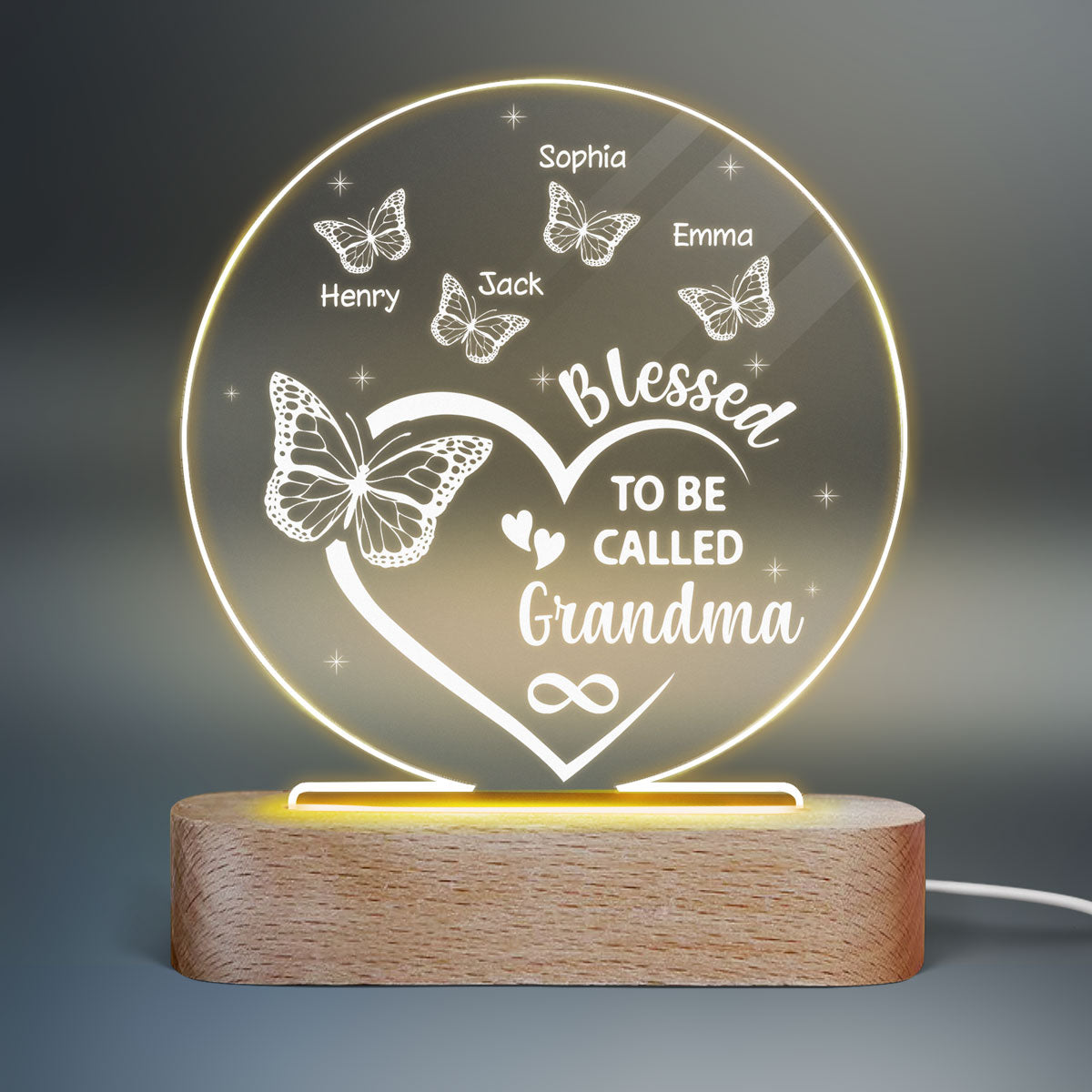 Heart Butterflies Grandma Personalized Circle Plaque LED Night Light