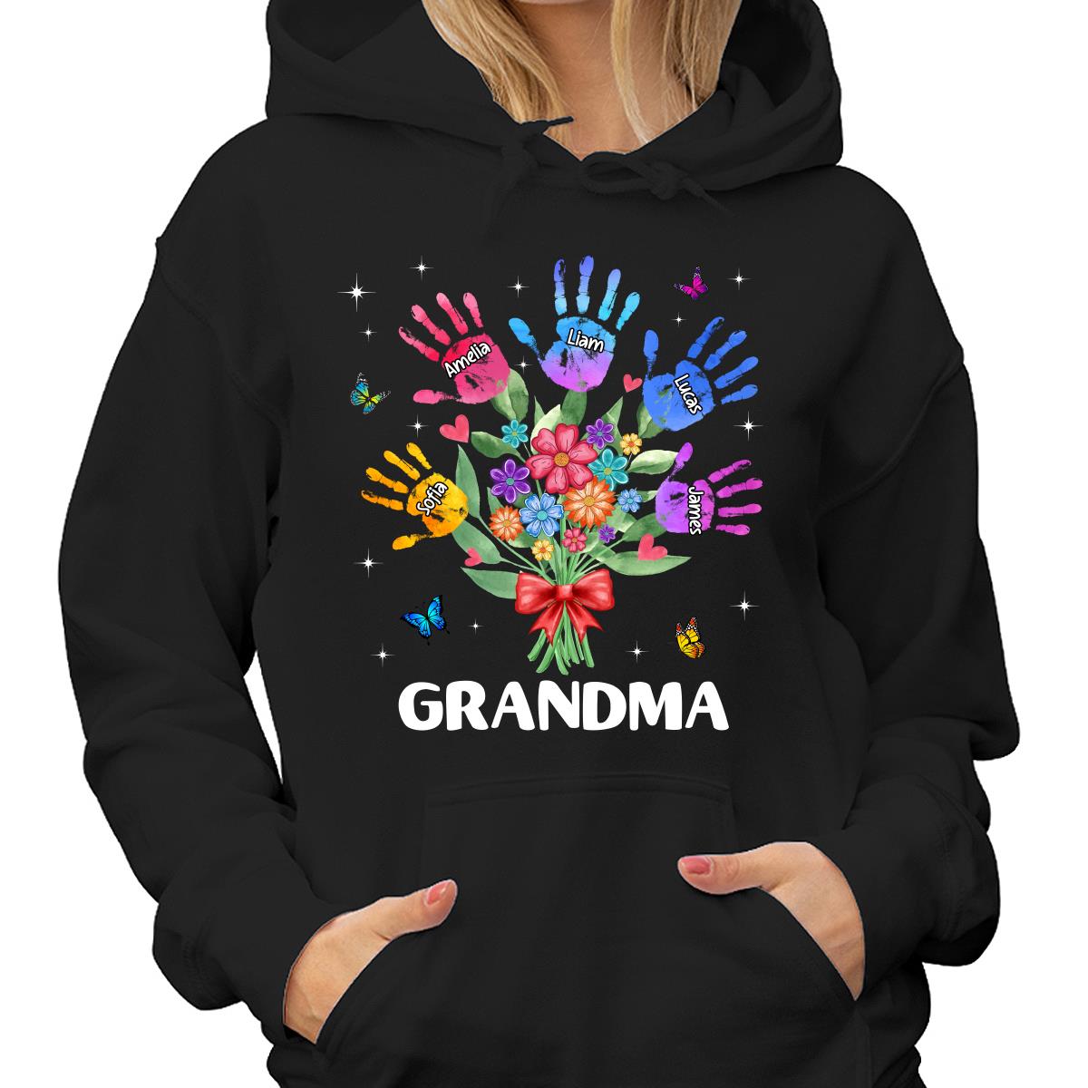 Grandma Mom Heart Handprints Flowers Personalized Shirt