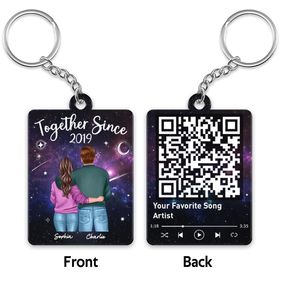 Back View Couple Standing Hugging In Galaxy Night Favorite Song Scannable QR Code Personalized Acrylic Keychain