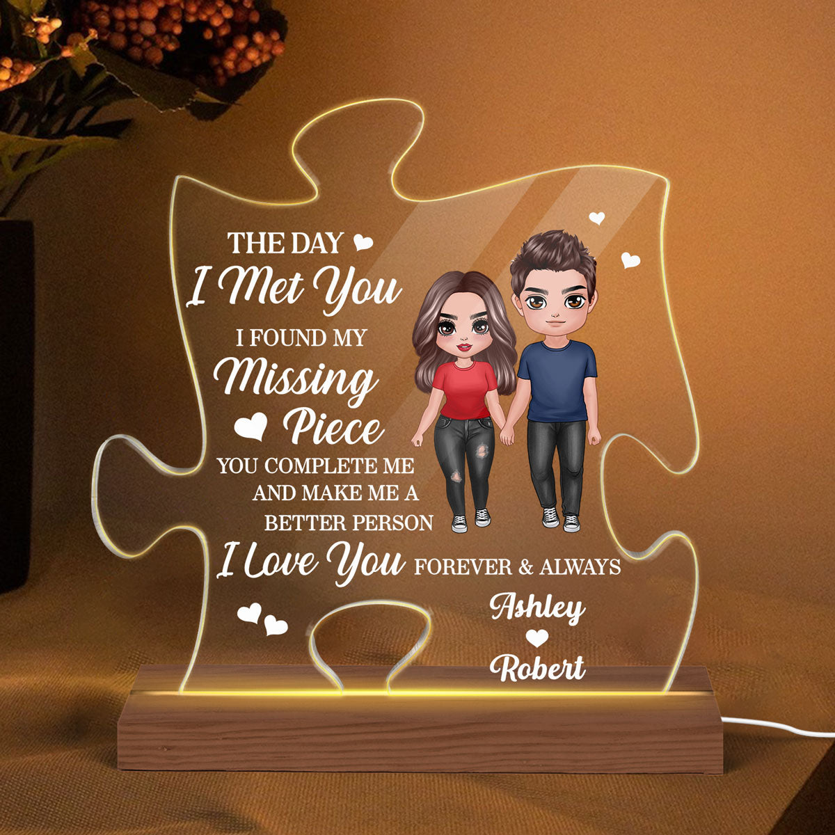 Doll Couple Standing You‘re The Missing Piece Personalized Puzzle Shaped Acrylic Plaque With LED Night Light - Gift For Him - Gift For Her