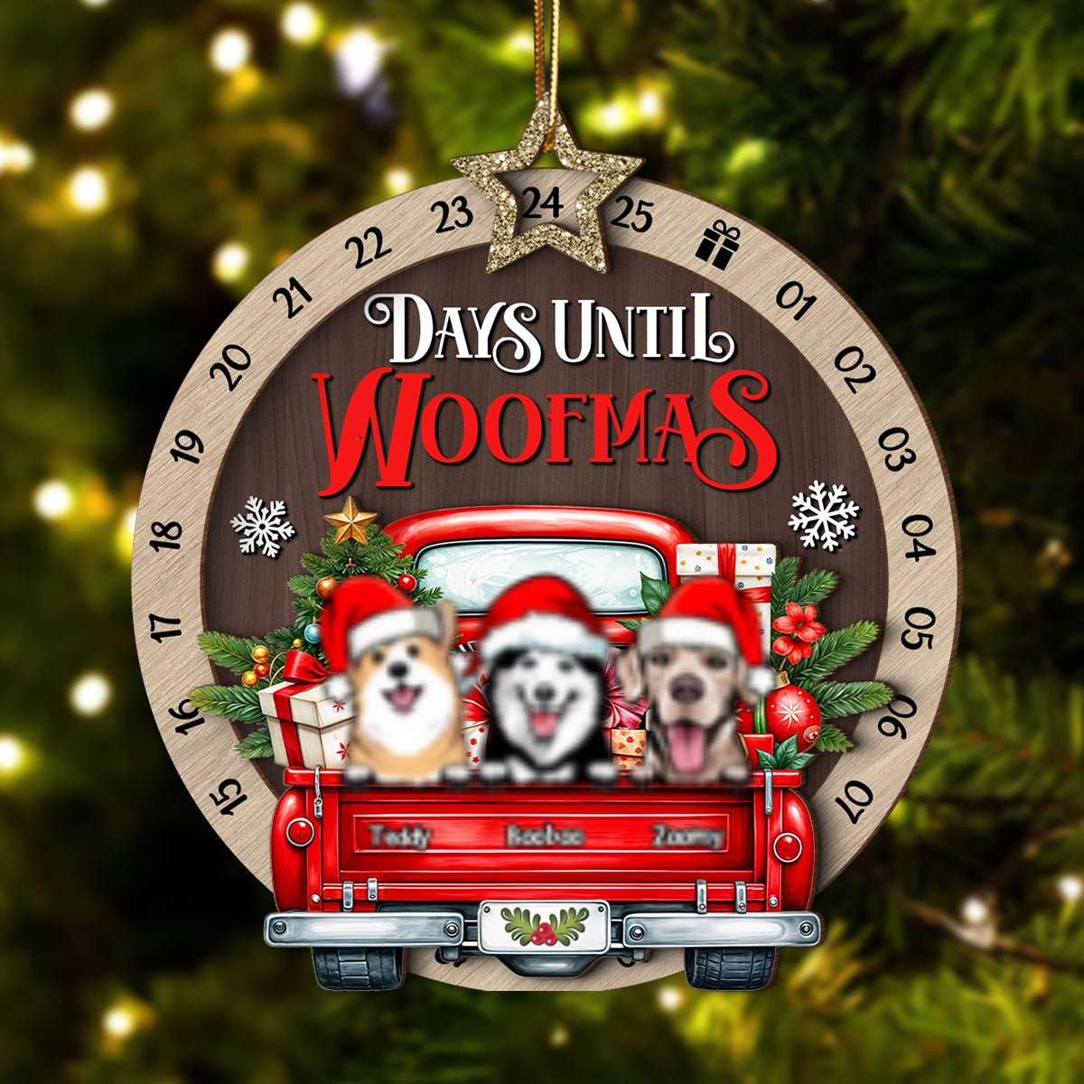 Days Until Woofmas Dogs On Truck Personalized Countdown Ornament, Christmas Gift For Dog Lovers