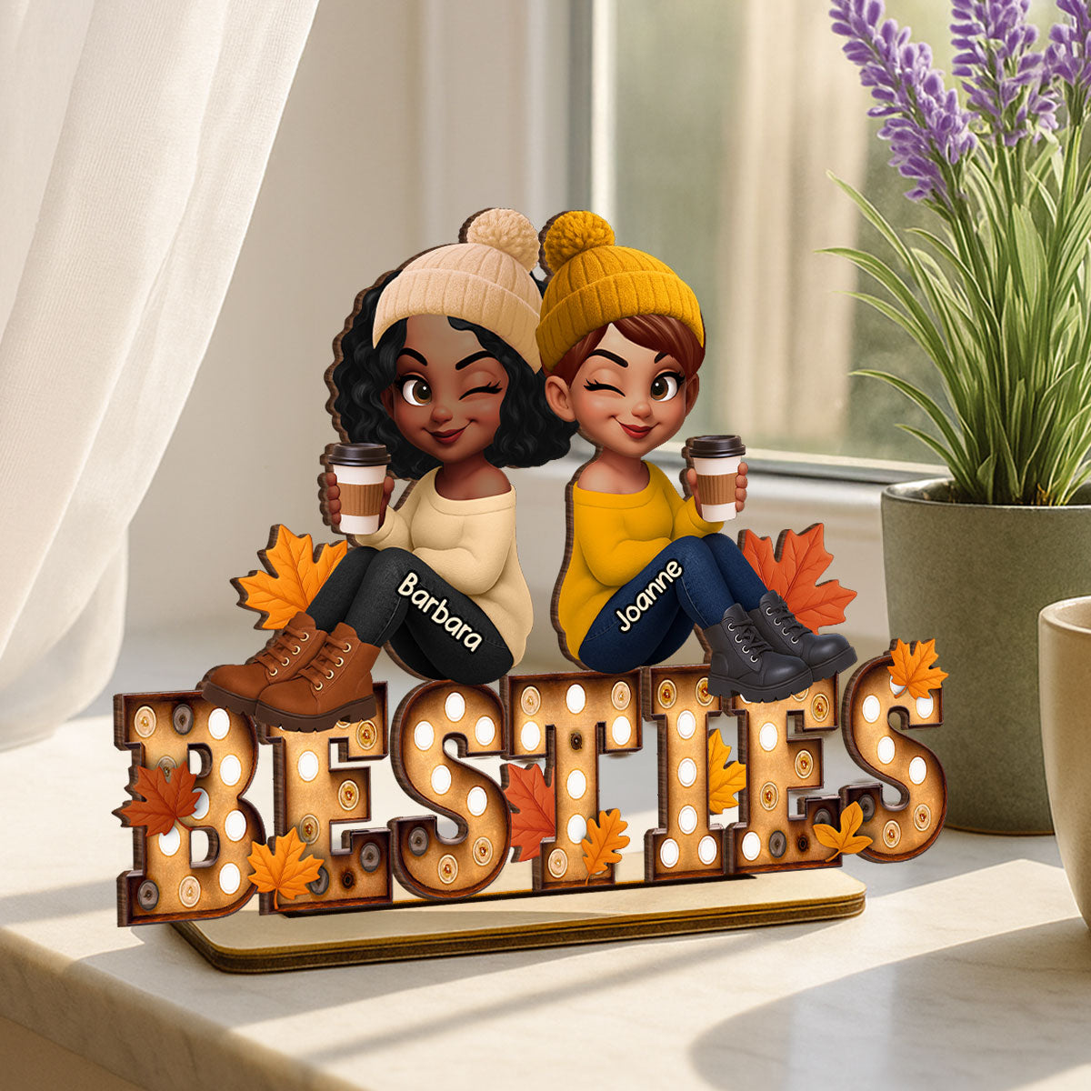 Fall Besties Sitting On Text Marquee Effect Personalized Standing Wooden Plaque, Meaningful Gift For Best Friends
